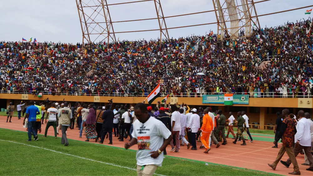 A demonstration in support of Niger’s military junta on 6 August 2023 at Kountché stadium in Niamey